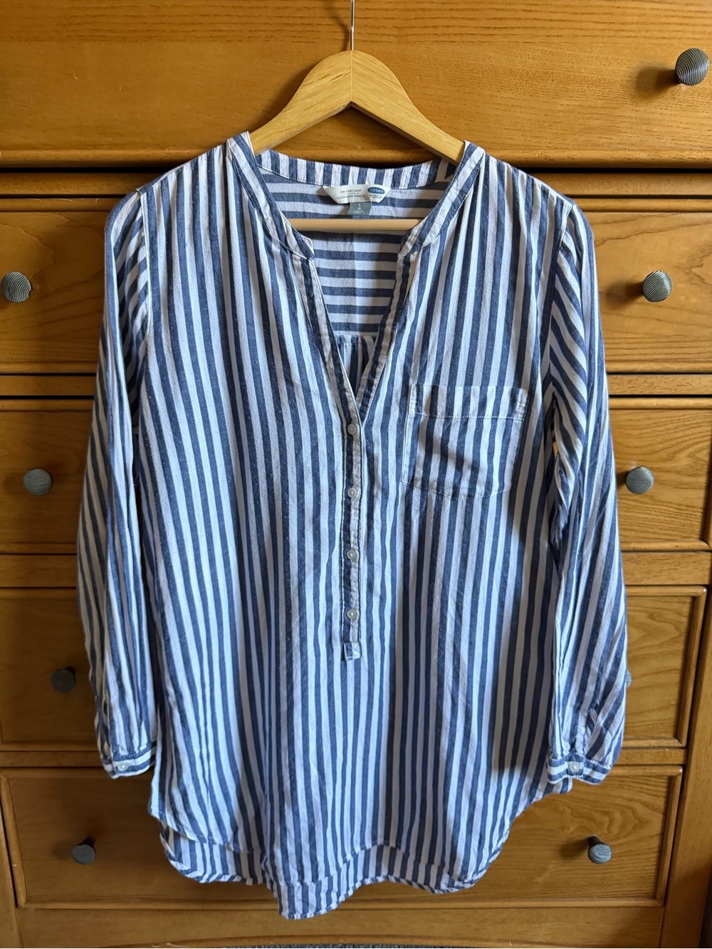 Old Navy Vertical Stripe Split Neck Popover Tunic Womens Large 100% Cotton Blue